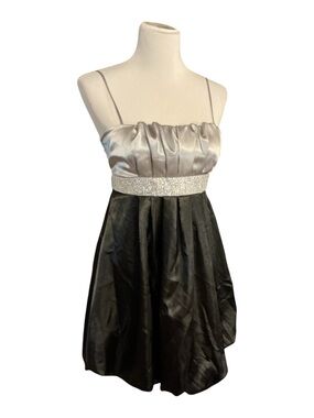 Silver Satin & Black Party Dress with Embellished Waist